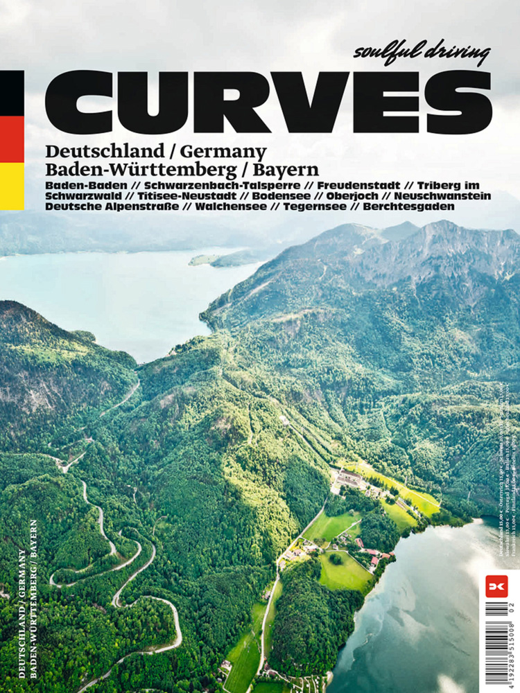 Aerial shot of lush green mountainous landscape, with winding roads and river, on cover of 'Curves: Germany, Band 13: Baden-Württemberg / Bayern', by Delius Klasing.