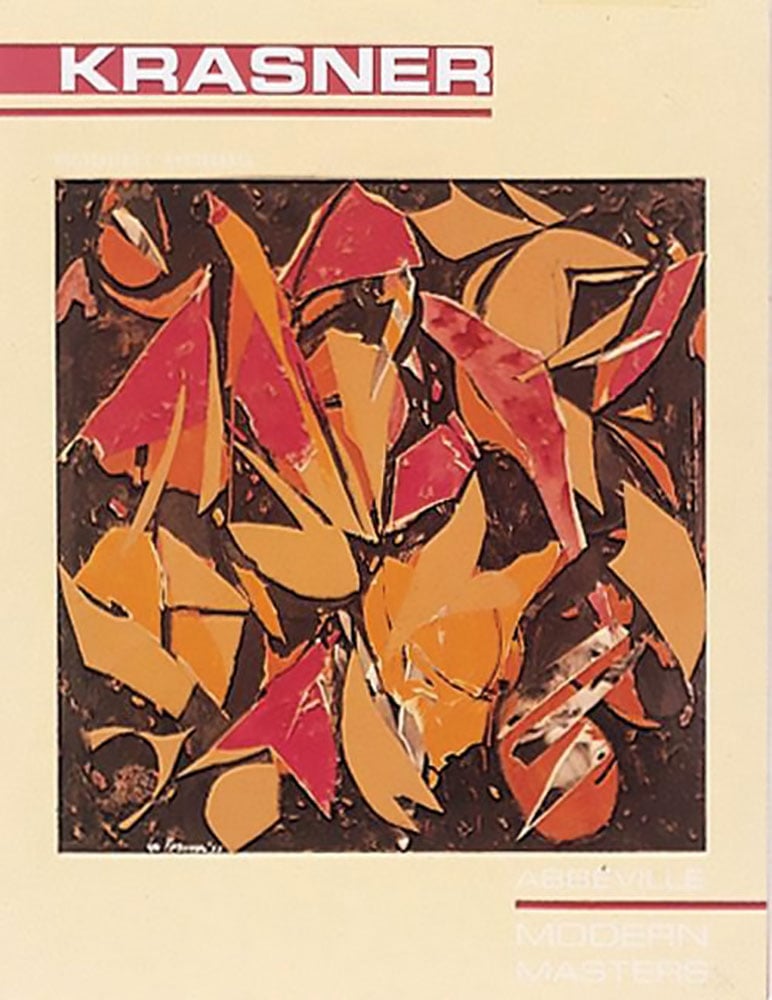 Abstract painting, Bird Talk by Lee Krasner, 1955, orange and pink shapes, on cream cover, KRASNER in white font on red banner to top left.