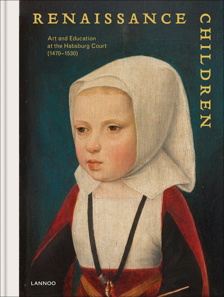 Portrait painting of a child princess in white head wrap and red dress on blue cover of 'Renaissance Children', by Lannoo Publishers.