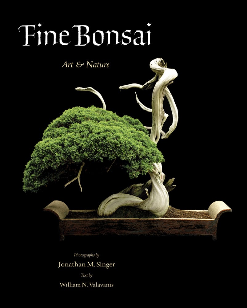 Bonsai with green foliage and twisted cream trunk, in wood tray, on black cover, Fine Bonsai Art & Nature in white font above.