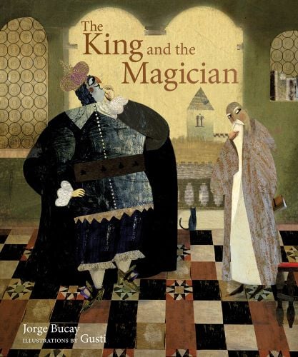 King in black robes and white robed magician in castle, on tiled floor, The King and the Magician in brown font above.