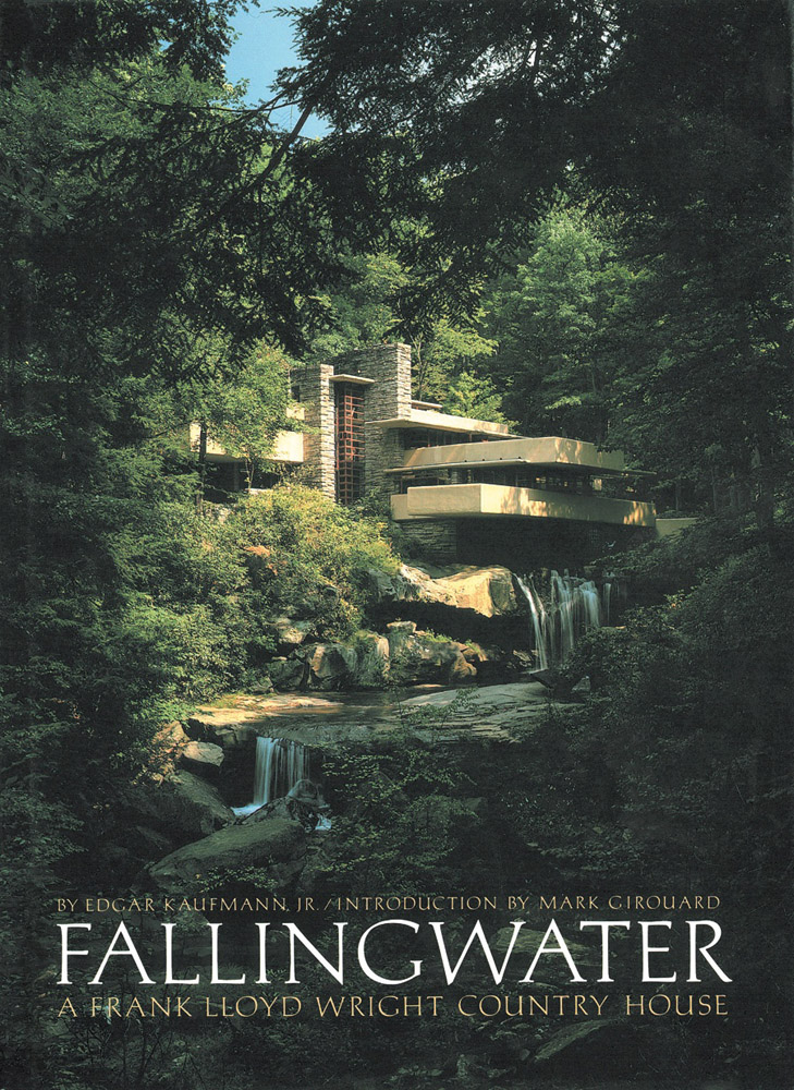 Fallingwater country house, peering through green landscape, waterfall beneath, FALLINGWATER in white font below.