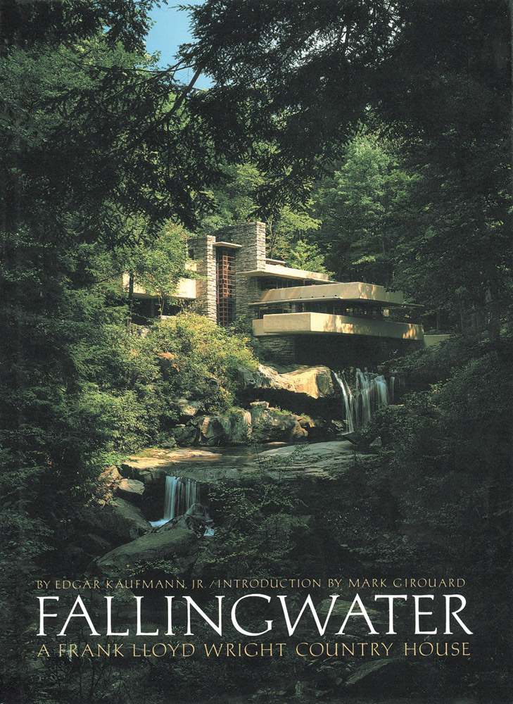 Book cover of Fallingwater A Frank Lloyd Wright Country House, featuring a country house surrounded by green landscape, waterfall beneath. Published by Abbeville Press.