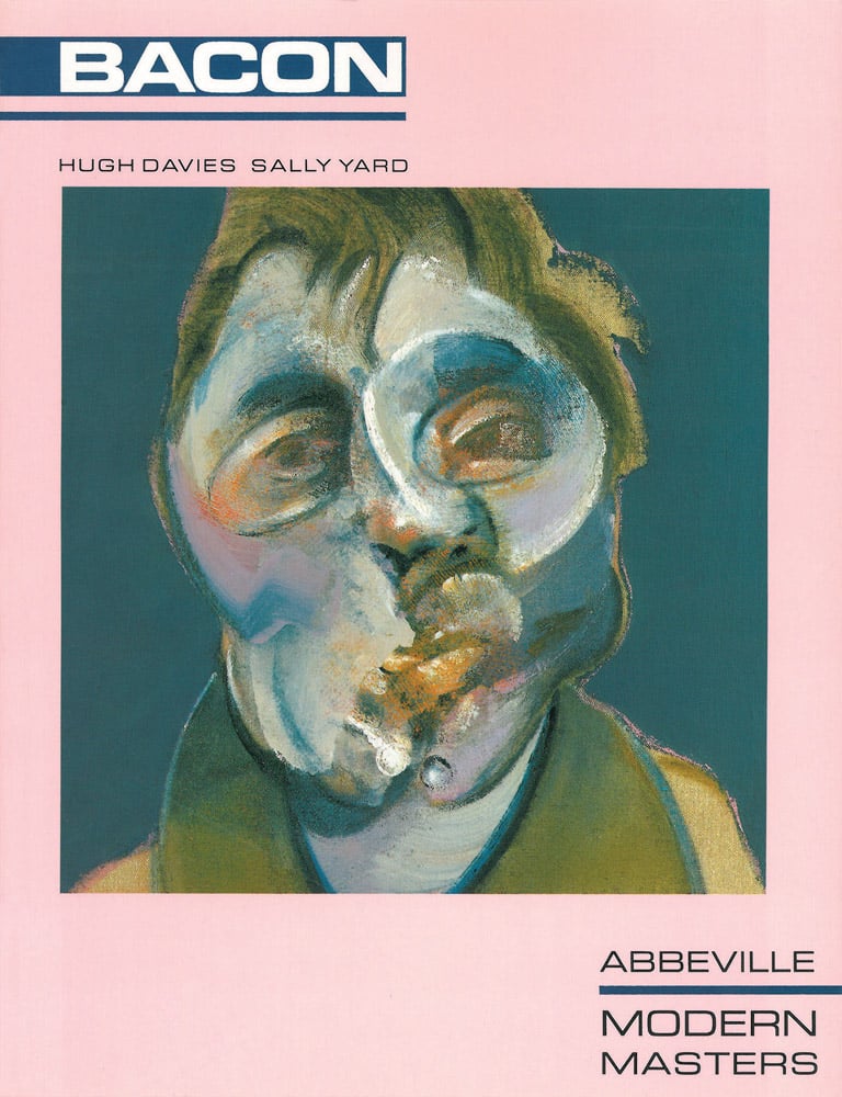 Self portrait painting of Francis Bacon, 1969, on pink cover, BACON in white font on navy banner to top left, by Abbeville Press.