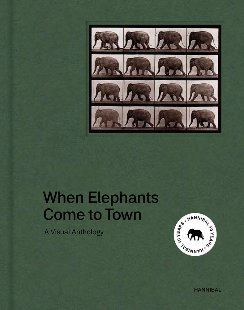 Photomontage of elephants to top right of green cover of 'When Elephants Come to Town, A Visual Anthology', by Hannibal Books.