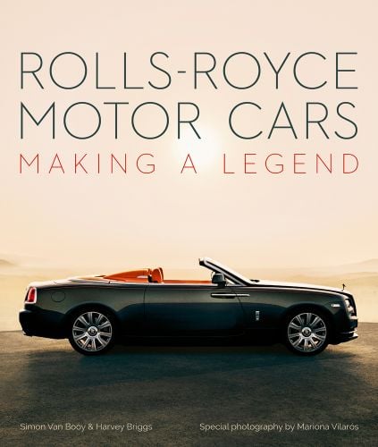 Black Rolls Royce with aero cowling, ROLLS-ROYCE MOTOR CARS in navy and red font above, by ACC Art Books.