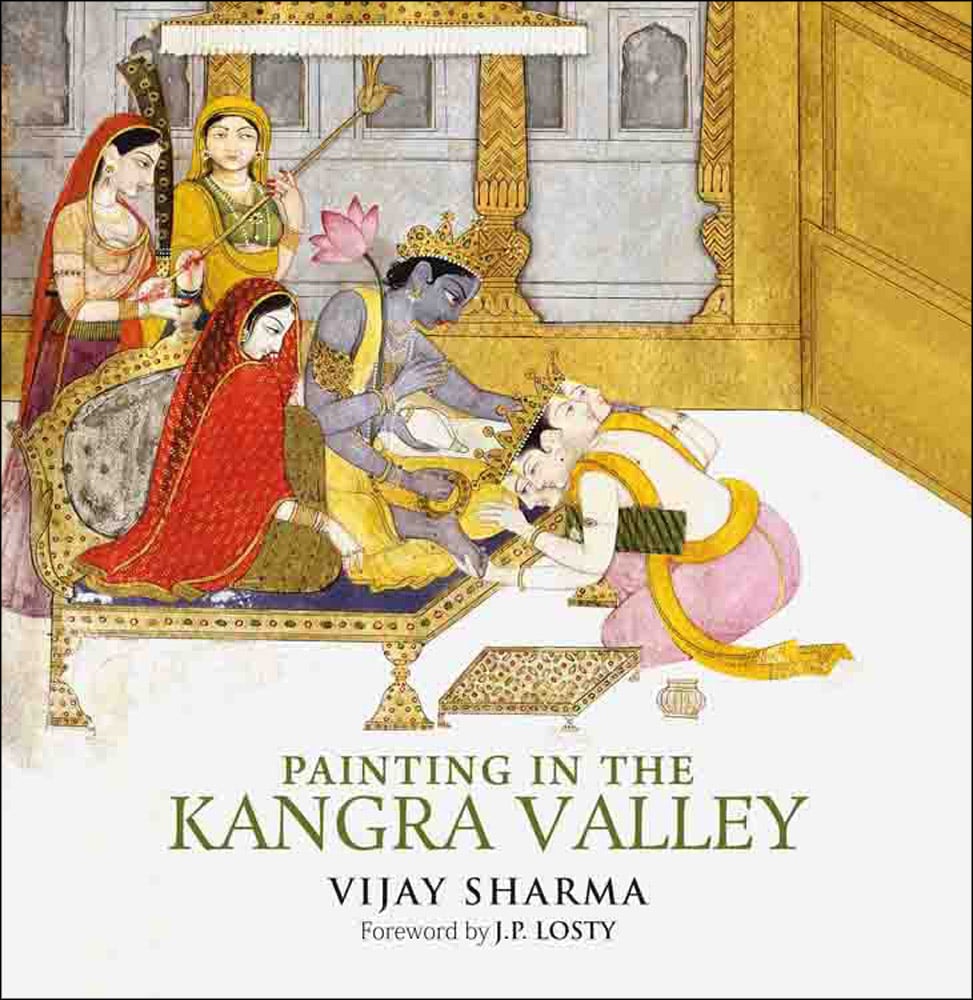 Book cover of Painting in the Kangra Valley, with a painting of two figures sitting on a bed. Published by Niyogi Books.