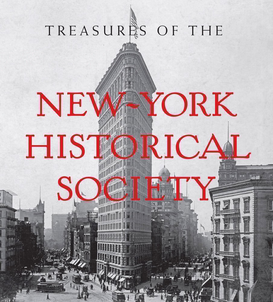 Book cover of Treasures of the New-York Historical Society: Tiny Folio, featuring an urban cityscape of New York, with high rise buildings. Published by Abbeville Press.