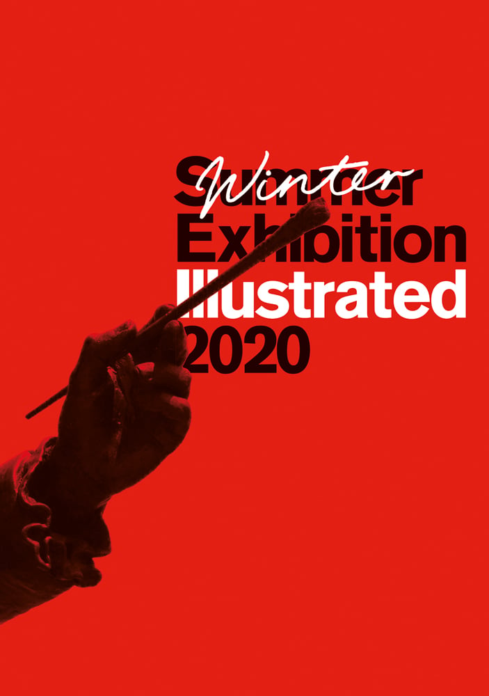 Summer Exhibition Illustrated 2020 in black and white font on red cover, Winter in white font written over SUMMER, hand holding paintbrush to lower left.