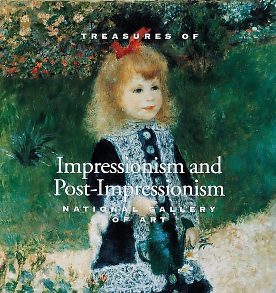 Book cover of Treasures of Impressionism and Post-Impressionism: Tiny Folio, featuring a painting titled 'Girl With The Watering Can' by Pierre-Auguste Renoir. Published by Abbeville Press.