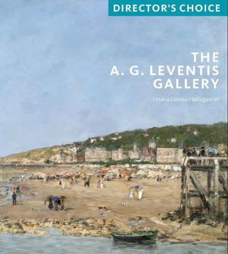 Impressionist seascape of sandy beach with lapping waves, landscape behind, The A.G. Leventis Gallery in white font to upper right.