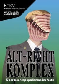 Book cover of ALT–RIGHT COMPLEX – The On Right-Wing Populism Online, with male in grey suit jacket, and open mouth image repeated across face. Published by Verlag Kettler.