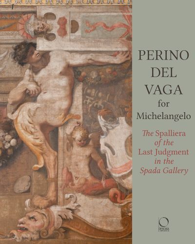 Portion of Michelangelo’s Last Judgement with nude male figure and Perino del Vaga for Michelangelo in black font on sage green right border