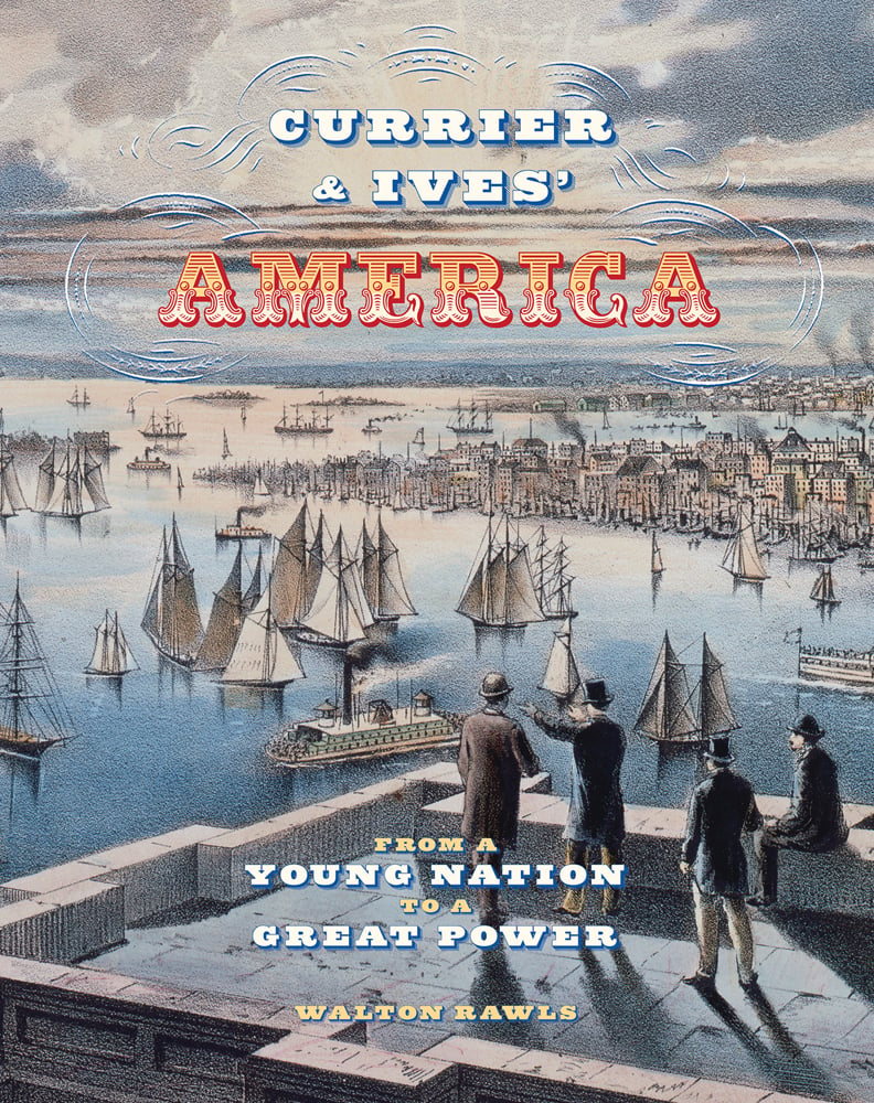American seascape, large ships with sails and steamboat, men in top hats looking out from top of building, CURRIER & IVES' AMERICA in white, yellow and red font above.