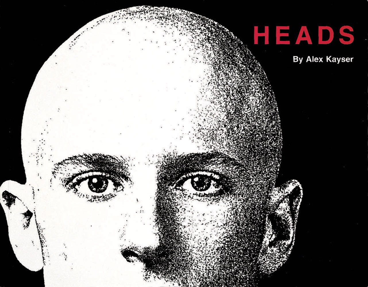 Close up portrait of young bald male, on black cover, HEADS by Alex Kayser in red, and white font to top right.