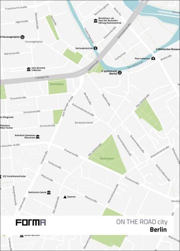 Beige and green birds eye Berlin City street map with On the Road City Berlin on bottom white banner in black font