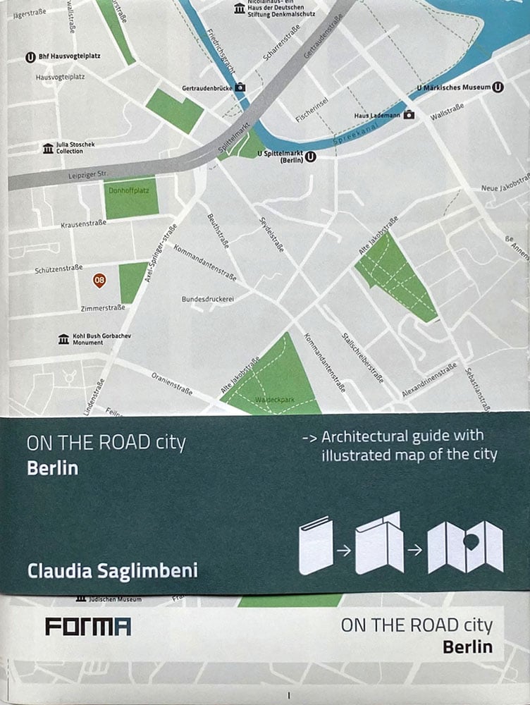 Beige and green birds eye Berlin City street map with On the Road City Berlin on bottom white banner in black font