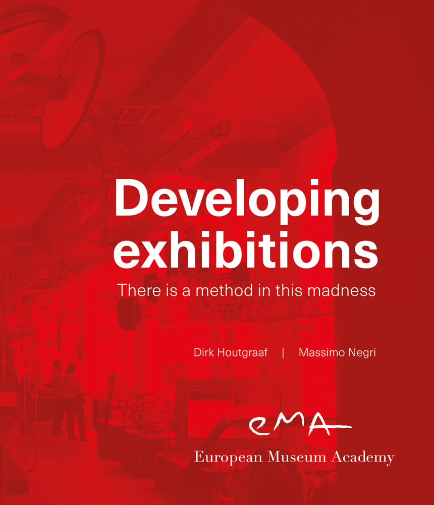 Red book cover of Developing Exhibitions, There is a method in this madness, featuring interior of exhibition hall. Published by Waanders Publishers.