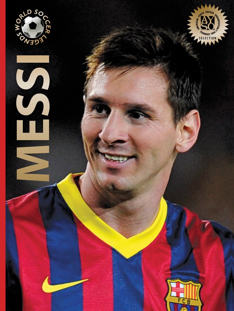 Head and shoulders action shot of Lionel Messi, in FC Barcelona strip, MESSI in gold font down left edge.