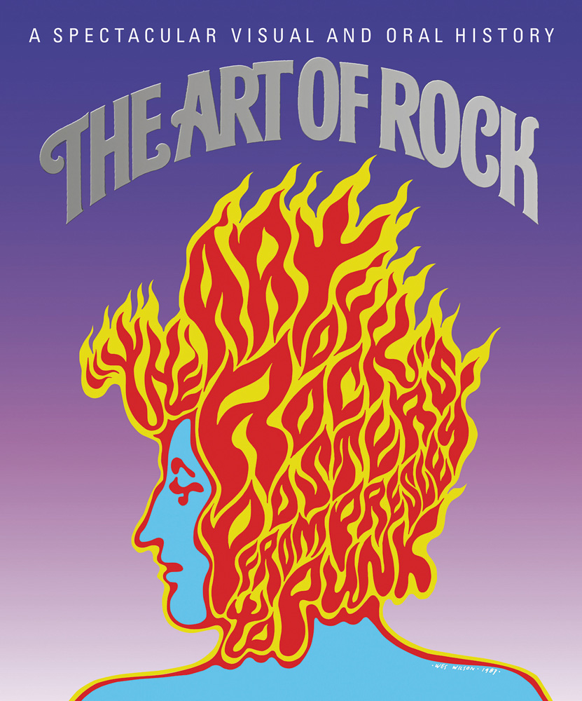 Book cover of The Art of Rock: Posters from Presley to Punk, featuring a graphic poster of head with hair of fire. Published by Abbeville Press.