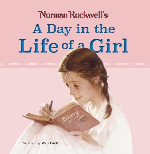 Book cover of Norman Rockwell’s A Day in the Life of a Girl, with a girl in white nightie, writing in her diary. Published by Abbeville Press.