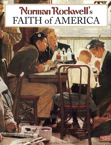 Detail of ‘saying grace’ by Norman Rockwell, people seated at café tables, Norman Rockwell’s FAITH of AMERICA in red, and black font to top white banner.