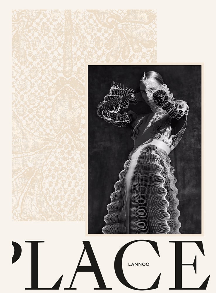 Model in lace dress with sample square of off-white lace layered beneath, on cover of 'Lace, P.Lace.S - Looking Through Antwerp Lace', by Lannoo Publishers.