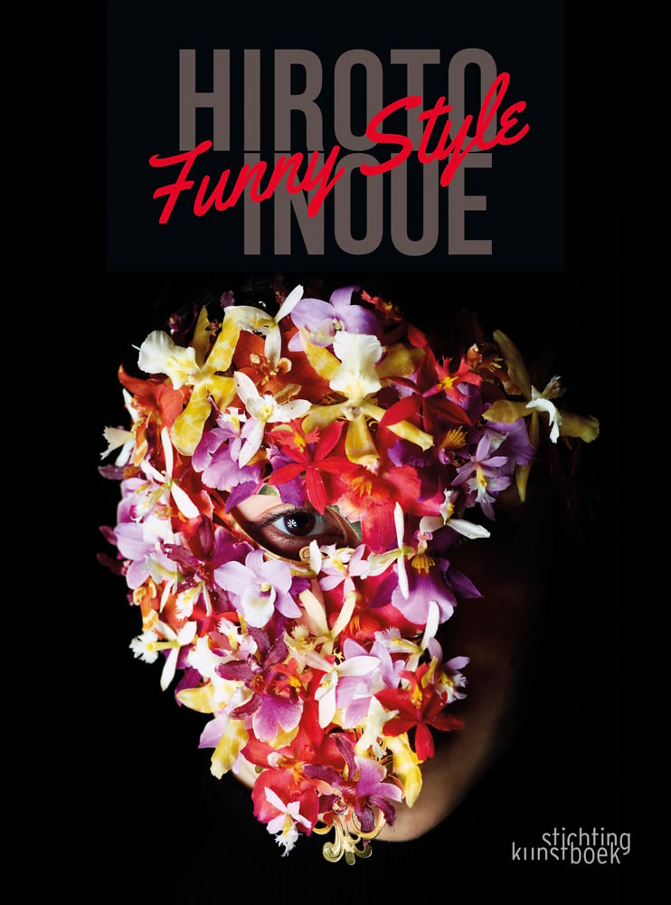 Face covered in delicate red, purple and pale yellow flowers, black cover, Hiroto Inoue Funny Style in grey and red font above.