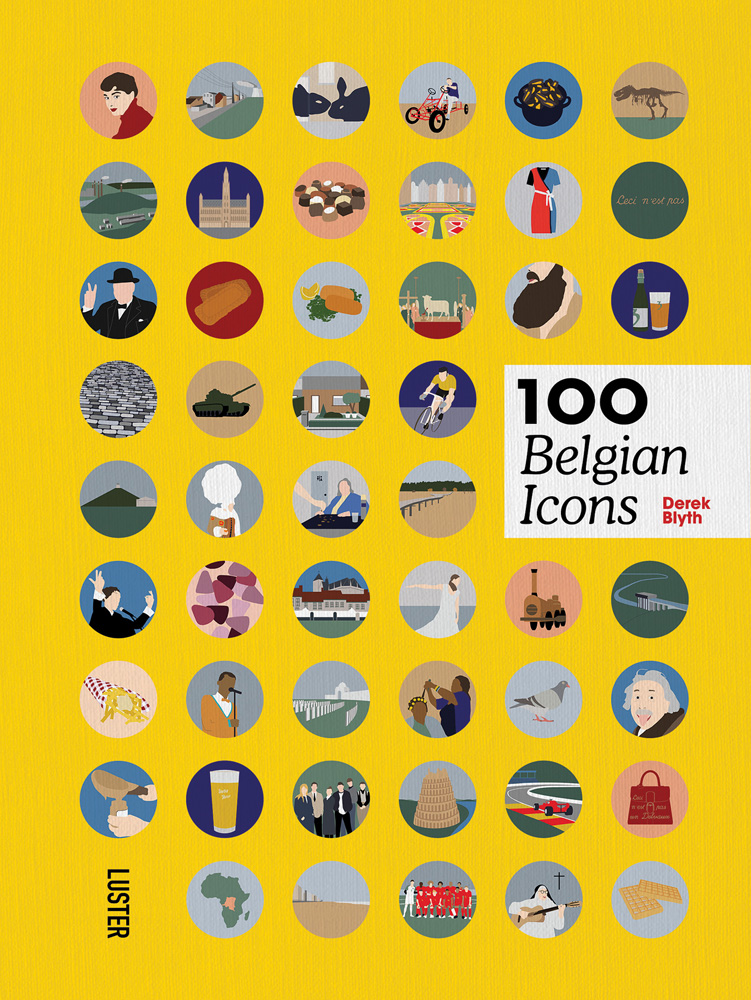 Collection of small circles featuring digital illustrations of iconic Belgian images, on yellow cover of '100 Belgian Icons', by Luster Publishing.