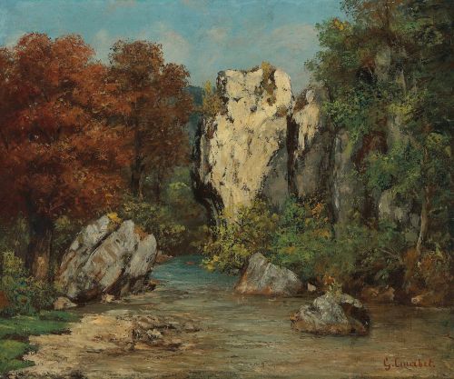 Paysage Au Ruisseau Et Au Rocher by Gustave Courbet signed in lower right corner G. Courbet