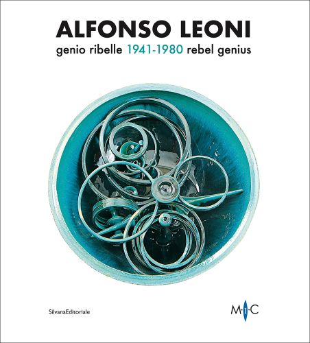 Aerial view of turquoise ceramic sculpture, white cover, Alphonso Leoni genio ribelle 1941 1980 rebel genius in black and turquoise font above.