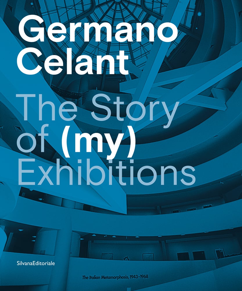 Blue filter photo of interior museum with Germano Celant The Story of (my) Exhibitions in blue and white font