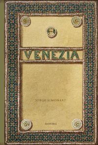 Mosaic style border in red and green, on sandy cover of 'Venezia, An evocative and atmospheric photo book, brimming with antiquarian treasures', by Hannibal Books.