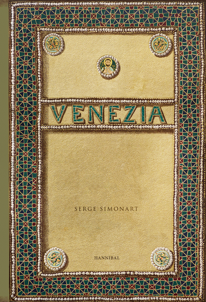 Mosaic style border in red and green, on sandy cover of 'Venezia, An evocative and atmospheric photo book, brimming with antiquarian treasures', by Hannibal Books.