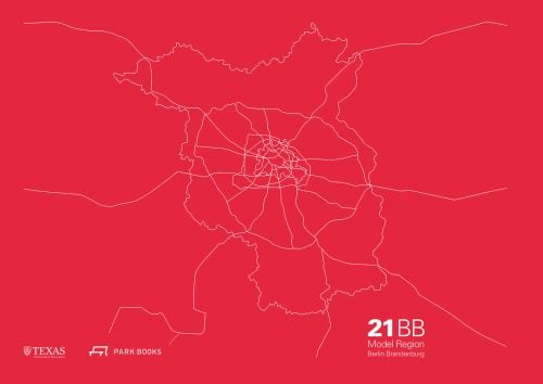 Landscape aerial outline map of Berlin and Brandenberg, on red cover, 21BB Model Region Berlin-Brandenburg in white font to bottom right.