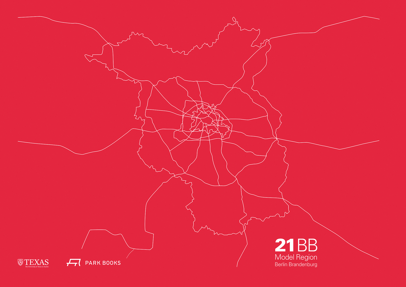 Landscape aerial outline map of Berlin and Brandenberg, on red cover, 21BB Model Region Berlin-Brandenburg in white font to bottom right.