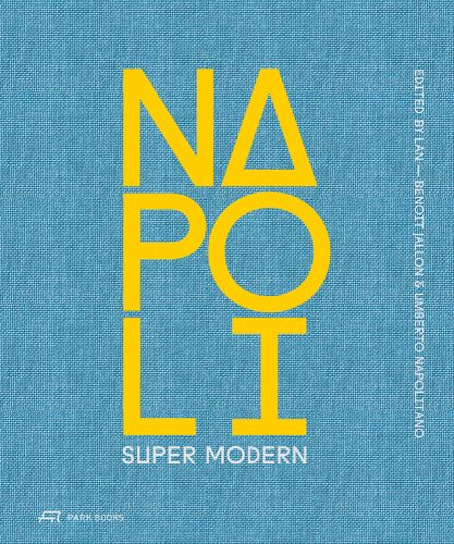 NAPOLI SUPER MODERN in yellow and grey font on blue cotton cover.