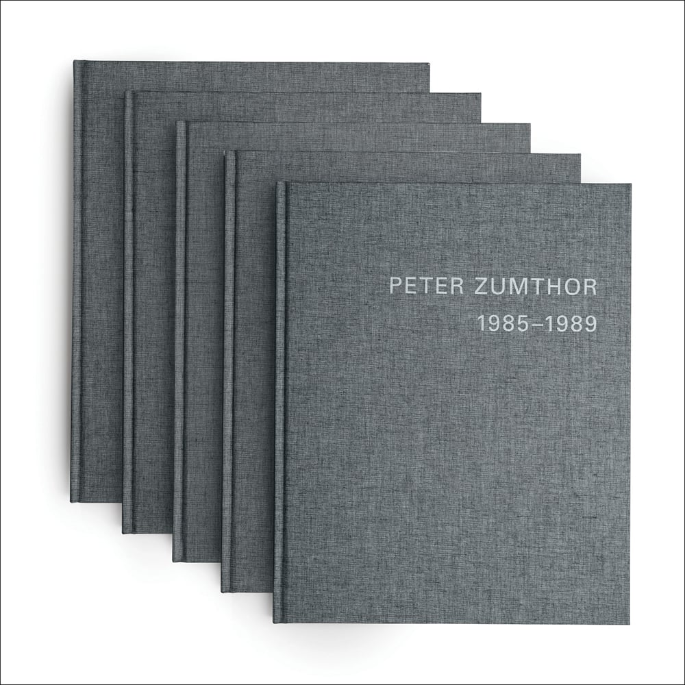 Five grey covered books of Peter Zumthor 1985-2013, Bauten und Projekte. Published by Scheidegger & Spiess.