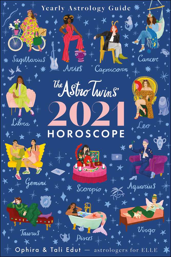 Blue cover with colour representations of all 12 zodiac signs with The Astrotwins' 2021 Horoscope in white and pink font in centre