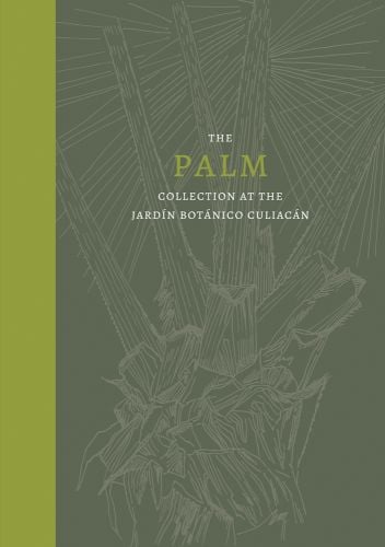 Pale green sketch of palm tree, The Palm Collection at the Jardín Botánico Culiacán in green and white font near centre, left green border.