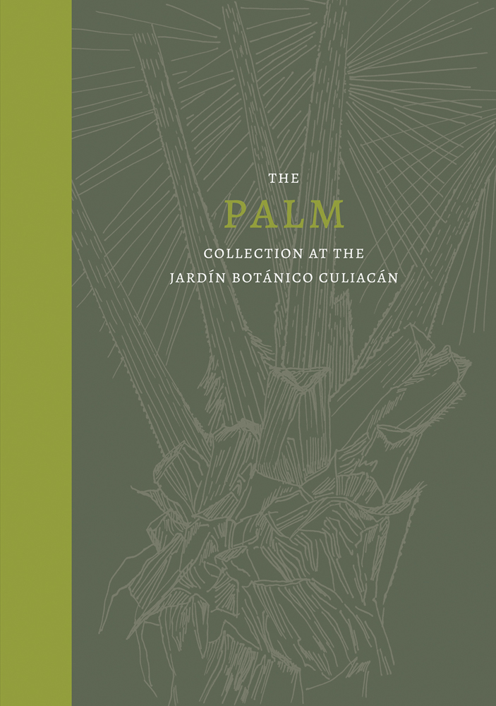 Pale green sketch of palm tree, The Palm Collection at the Jardín Botánico Culiacán in green and white font near centre, left green border.