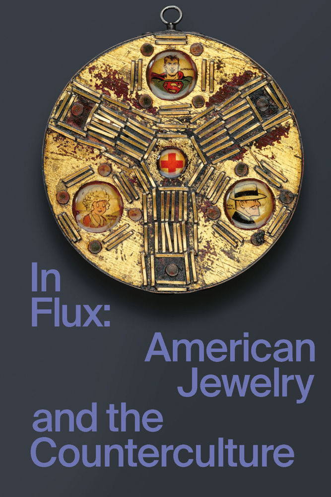 Gold circle pendant, small superman image to top, on grey cover, In Flux American Jewelry and the Counterculture in purple font below.