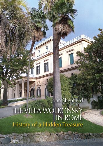 Villa Wolkonsky surrounded by exotic palm trees and curved paths, The Villa Wolkonsky in Rome in white and yellow font below.