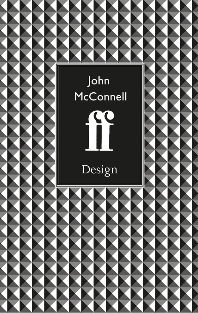 Black and white triangle cubed pattern with John McConnell FF Design in white on black central rectangle