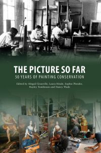 Book cover of The Picture So Far: 50 Years of Painting Conservation, with conservators restoring large oil paintings on canvas. Published by Archetype Publications.