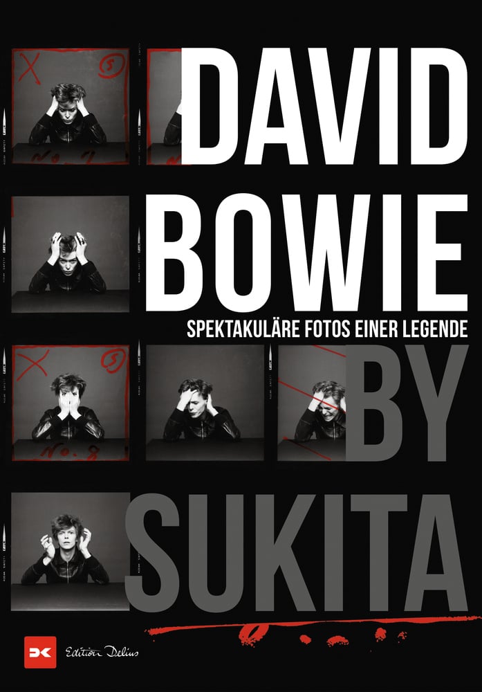 Polaroid shots of David Bowie in different poses, on black cover of 'David Bowie by Sukita', by Delius Klasing.