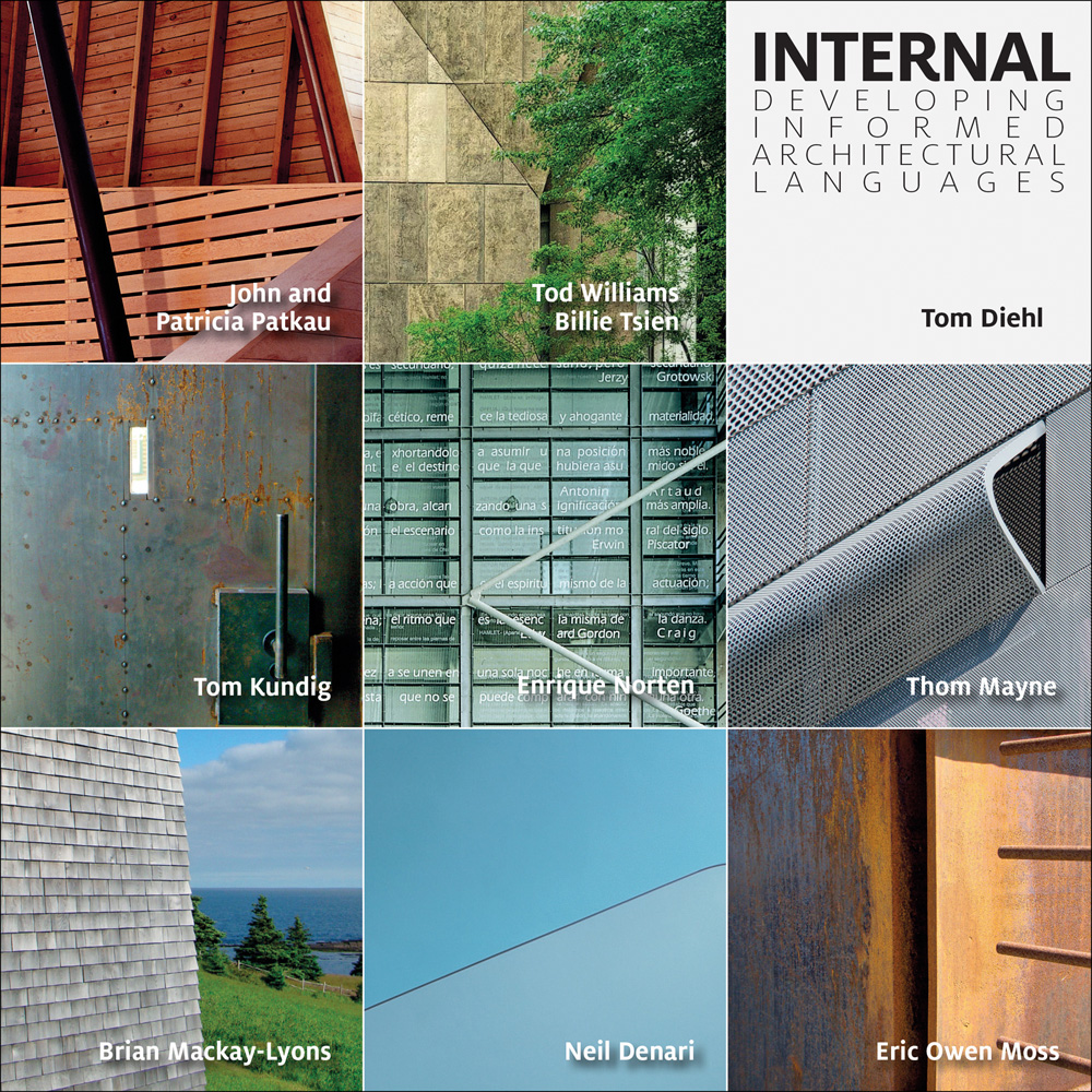 Montage of 9 photos sections of architecture structures with named architects and Internal Developing Informed Architectural Languages in black font on white square