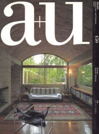Magazine cover of a+u 08:03, 450: Rogelio Salmona, with interior living room with arched roof and large rugs on floor. Published by Shinkenchiku-Sha Co., Ltd.
