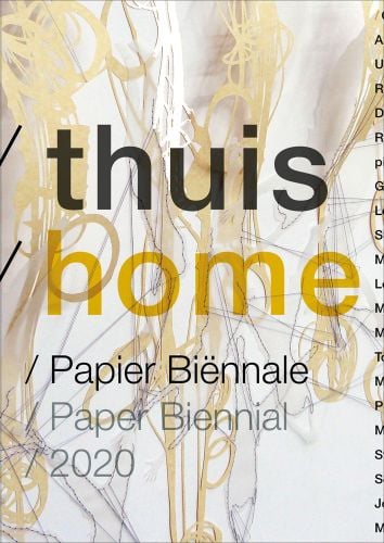 White book cover of Thuis/Home. Paper Biennial 2020, featuring a pale yellow pattern with dark stitch lines. Published by Waanders Publishers.