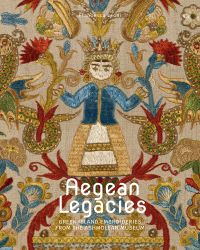 Vibrant Greek embroidery of figure wearing gold crown surrounded by flowers, on cover of 'Aegean Legacies, Greek Island Embroideries from the Ashmolean Museum', by Hali Publications.